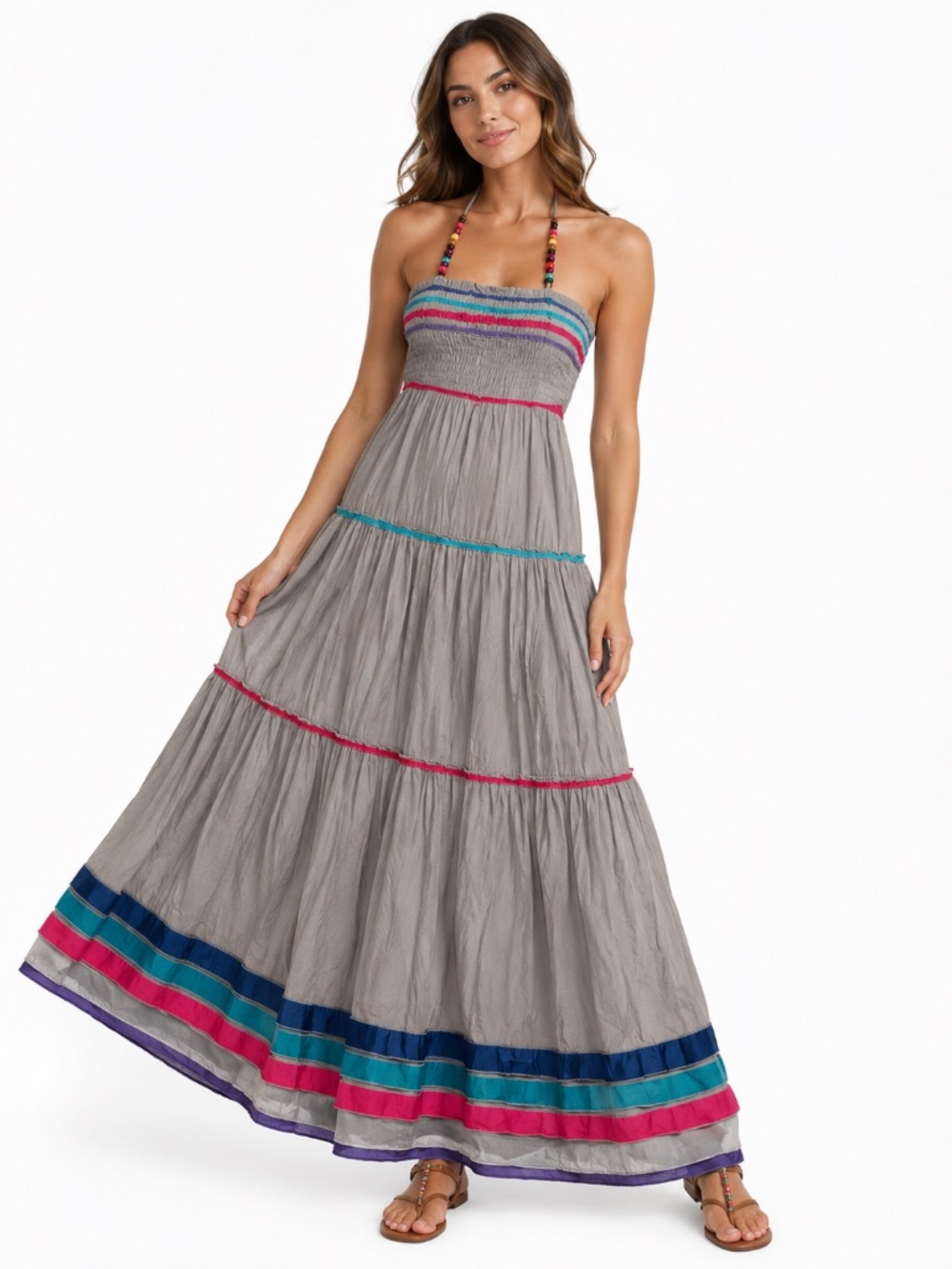 Gray Boho Maxi Dress Colorful Beaded Straps Tiered Cotton Sundress Size XS